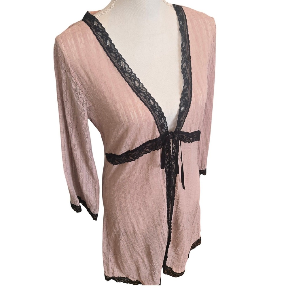 Vintage Pink Mesh Lace Robe Sheer Tie Front Cover Up M/L Whimsigoth Coquette